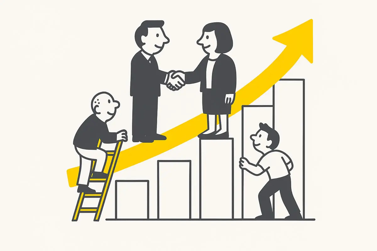  Illustration zeigt Führungskräfte auf Säulen mit Team, gelber Pfeil symbolisiert Wachstum.