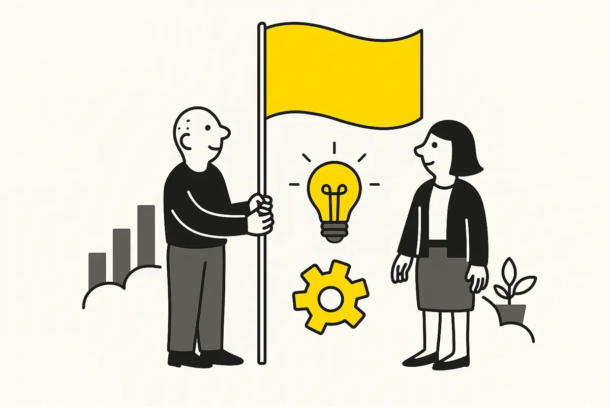  Illustration zeigt Beraterin und Meister mit Flagge und Zahnrad, Symbol für Wandel.