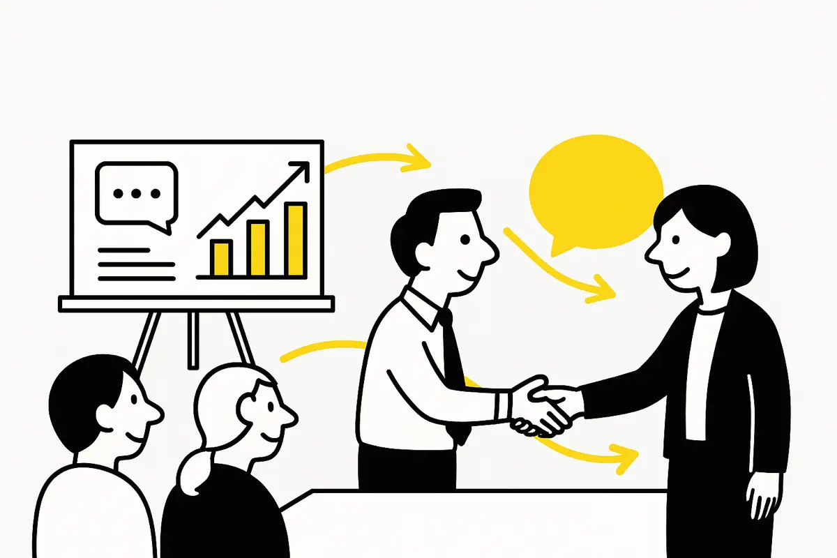 Illustration zeigt Gespräch zwischen Führungskräften, Symbol für Kommunikation.